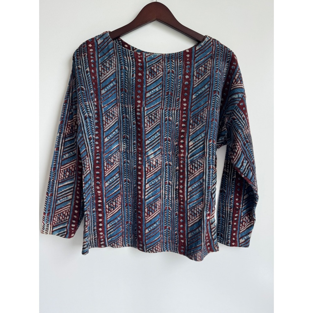 Anokhi Jaipur Block Print Cotton Top Blue Burgundy Boho Ethnic Long Sleeve 10